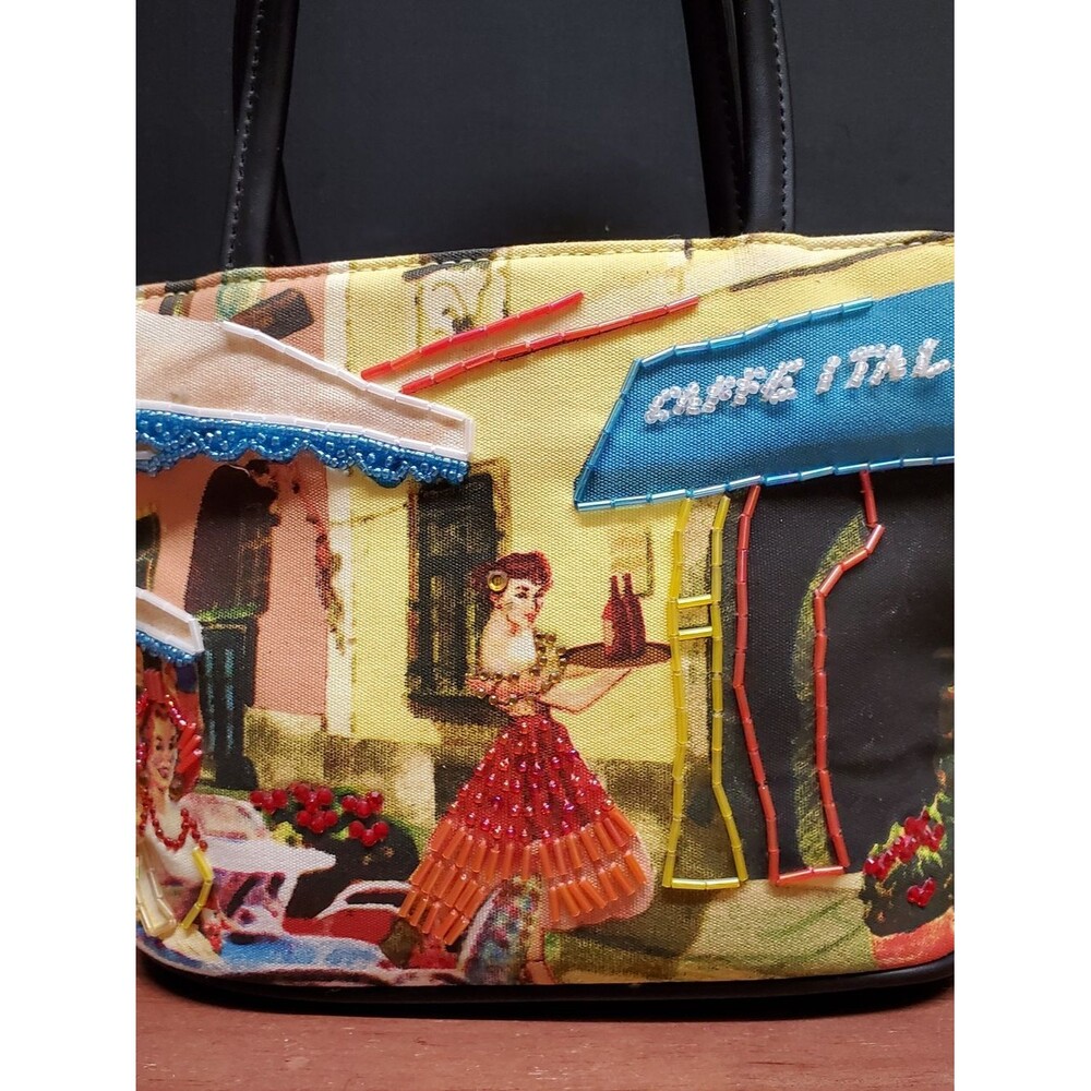 Women’s Beaded Detail Cafe Italia Illustrated Canvas Purse Bag